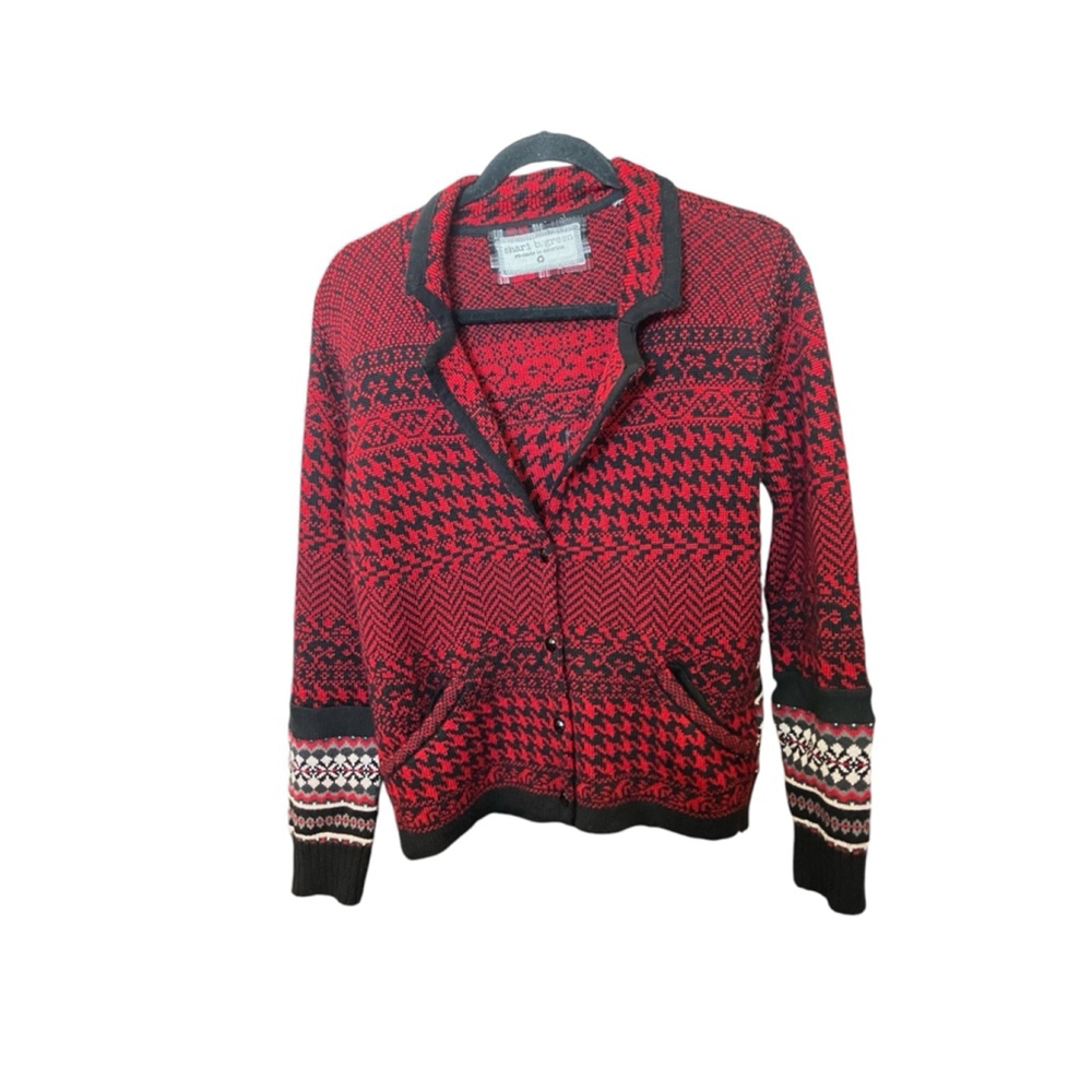 Shari B. Green Collared Cardigan Sweater L Red Black Pockets Vneck Heavy L - Picture 2 of 8